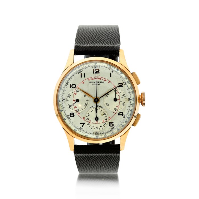 Universal Genève REFERENCE 12549 COMPAX A PINK GOLD CHRONOGRAPH WRISTWATCH, CIRCA 1945