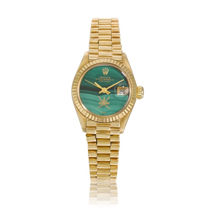 Rolex Lady Datejust with khanjar, Ref 6917 18k yellow gold and malachite wristwatch with bracelet Circa 1975