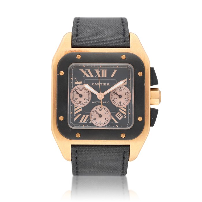 Cartier Santos 100, reference 2935 Pink gold automatic chronograph wristwatch with date circa 2009