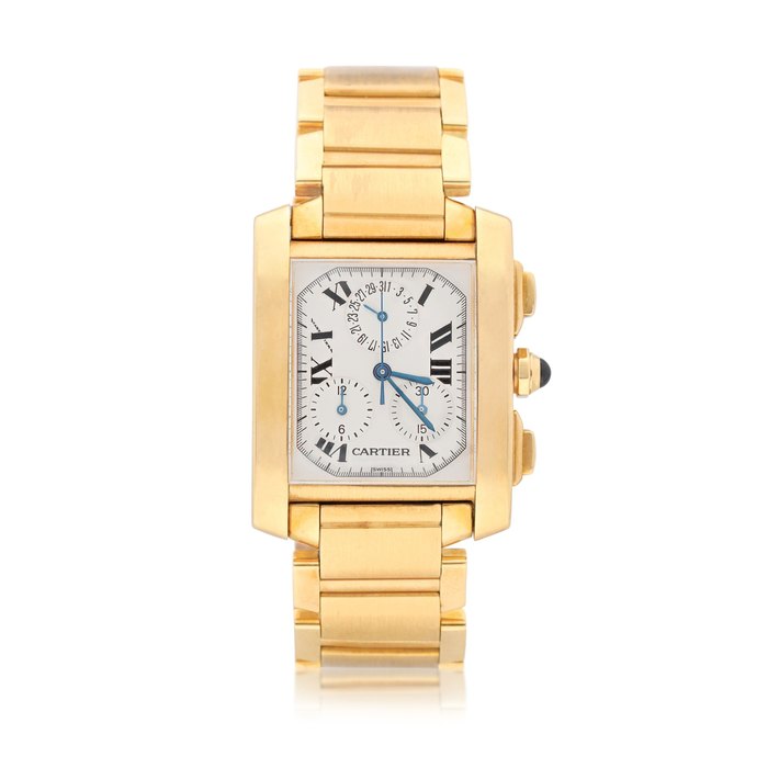 Cartier Tank Francaise, Ref. 1830 Yellow gold chronograph wristwatch with date and bracelet Circa 2000