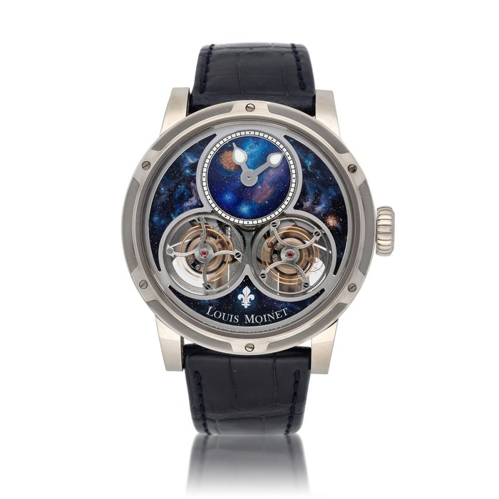 Louis Moinet Sideralis, Ref. LM-46.70.20 Limited edition white gold skeletonized wristwatch with double tourbillon and rotating meteorite-set subdial Circa 2016