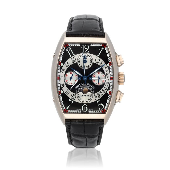 Franck Muller Cintrée Curvex Quantième Perpétuel Biretro, ref. 7850 CC QPB White Gold pertpetual calendar chronograph wristwatch with moon phases, leap year indication, retrograde day and date Circa 2005