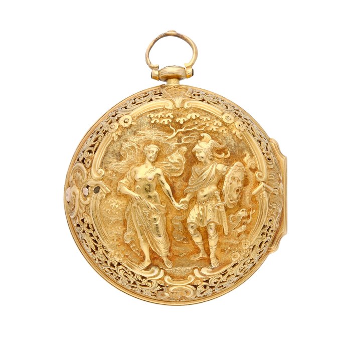 Continental No. 3910 A gold pair cased quarter striking clock watch with repousse outer case, movement bearing the signature C. Cabrier, London Circa 1750