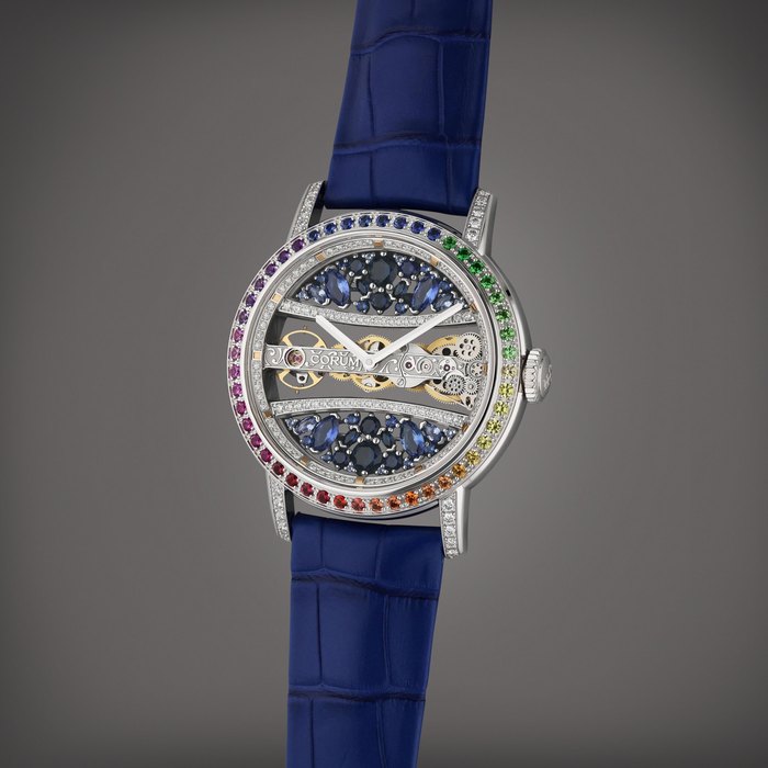 Corum Reference 113.001.69/0F03 DB98G Golden Bridge Round | A white gold, diamond, and sapphire-set skeletonized wristwatch, Circa 2020