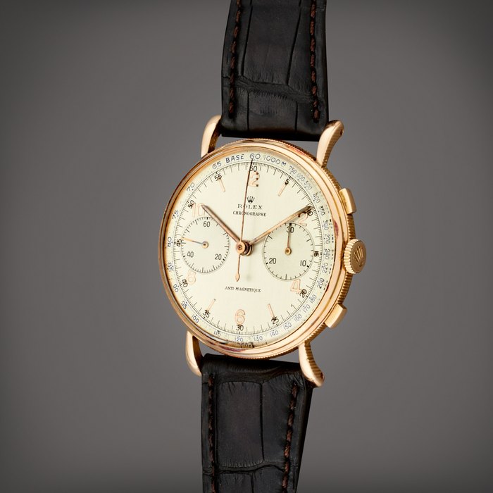 Rolex Reference 4062 ‘Chronographe Anti-Magnetique’ | A pink gold chronograph wristwatch with flared lugs, Circa 1942