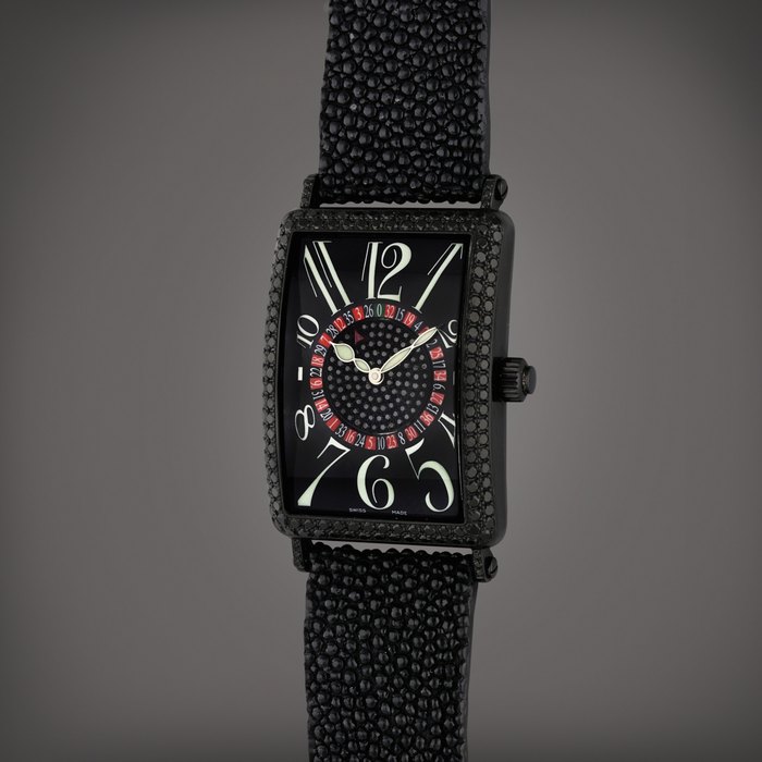 Franck Muller Reference 1250 Vegas D 1P Long Island First Edition | A limited edition black-coated white gold and black diamond-set rectangular automatic wristwatch with roulette wheel, Circa 2022