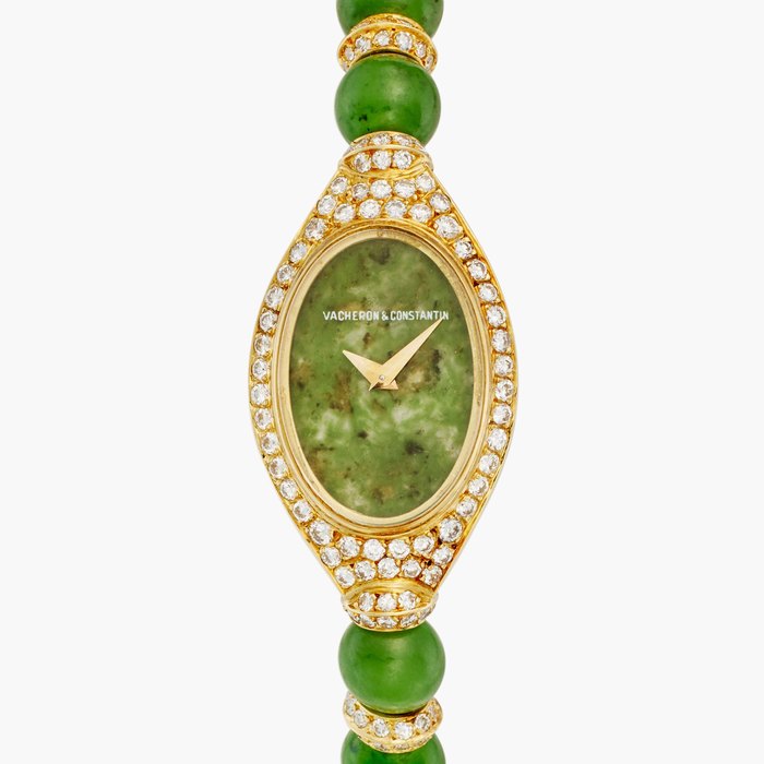 Vacheron Constantin A yellow gold and diamond-set wristwatch with jade bead bracelet and jade dial, Circa 1970s