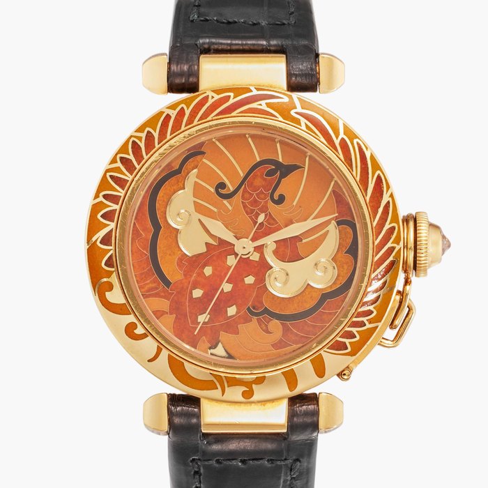 Cartier Reference 2519 Pasha 'Phoenix' | A limited edition yellow gold and enamel automatic wristwatch with cloisonné enamel dial, Circa 2005
