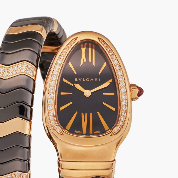 Bulgari Reference SP P 35 G Serpenti Spiga | A black ceramic, pink gold, and diamond-set expandable bracelet watch, Circa 2020, Price & Market Data