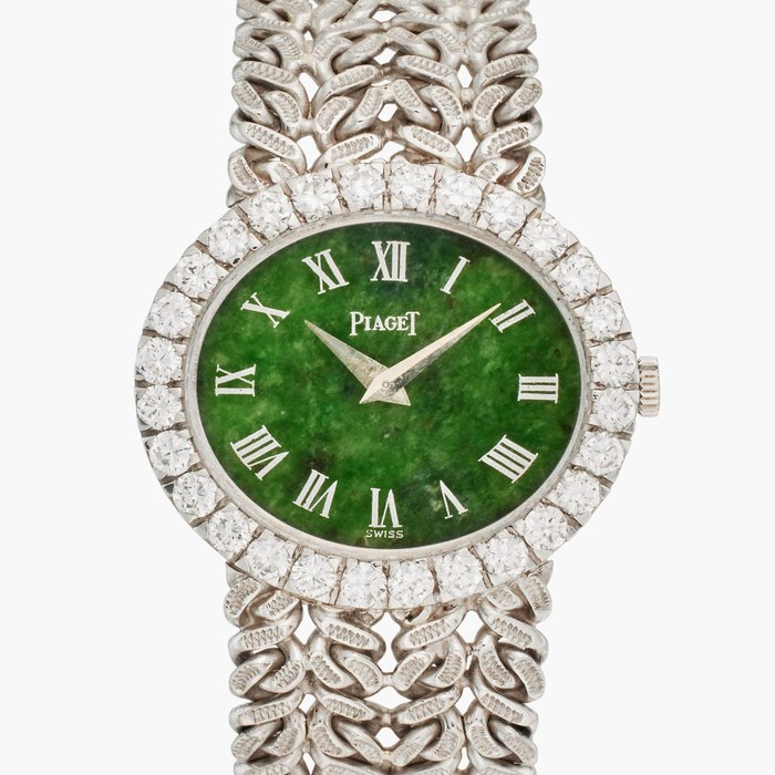 Piaget Reference 9804 N 21 | A white gold and diamond-set bracelet watch with jade dial, Circa 1968