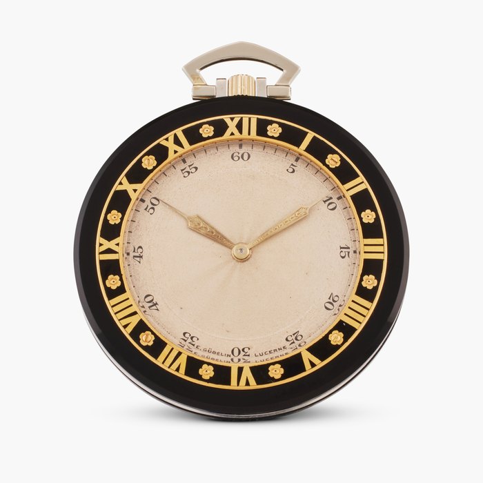 Jaeger-LeCoultre Retailed by E. Gübelin: An Art Deco onyx, enamel, yellow gold, and platinum open-faced keyless watch, Circa 1925