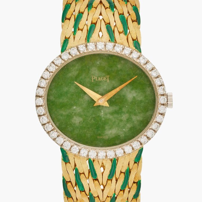 Piaget Reference 9806 E 44 | A yellow and white gold, enamel, and diamond-set bracelet watch with jade dial, Circa 1968