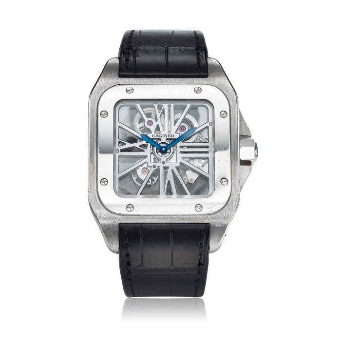Cartier Reference 3202 Santos 100   A large limited edition palladium and white gold skeletonized square shaped wristwatch, Circa 2010