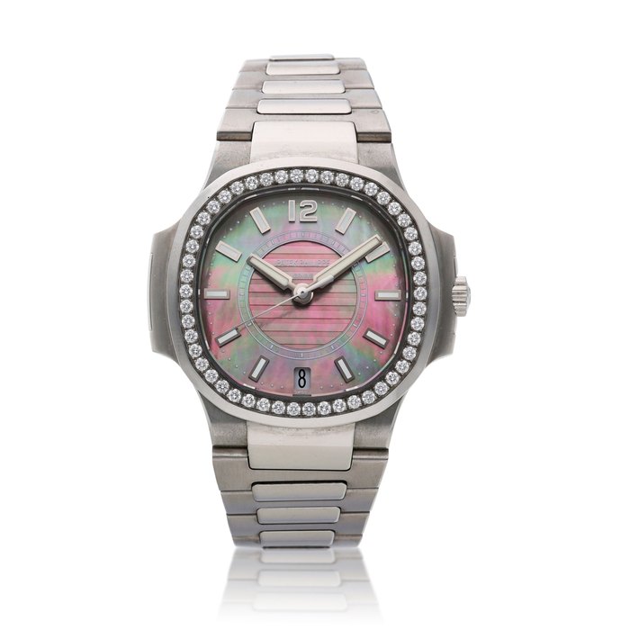 Patek Philippe Reference 7008 Nautilus, A stainless steel and diamond-set wristwatch with date, mother-of-pearl dial and bracelet, Circa 2012
