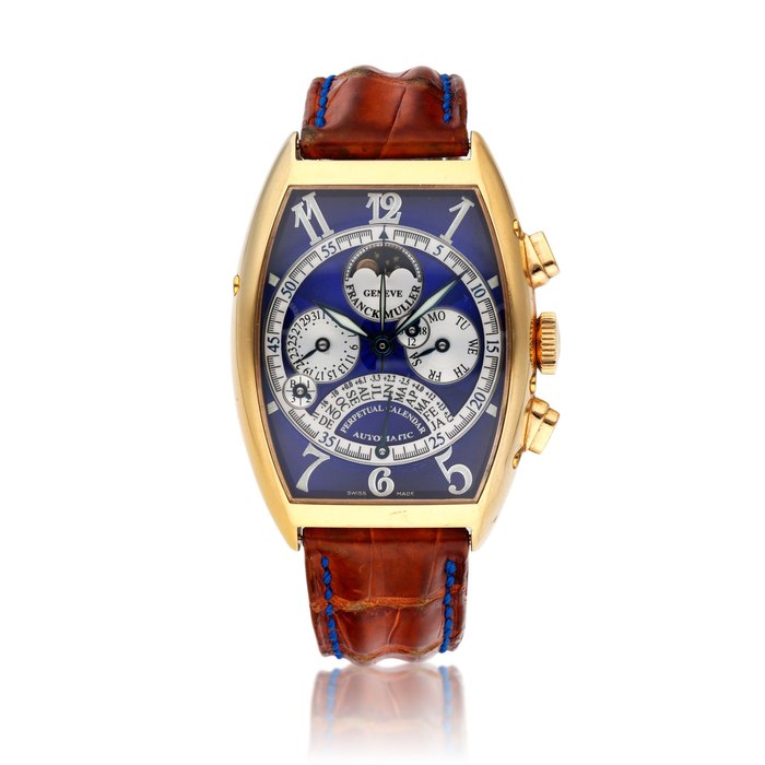 Franck Muller Reference 6850 QPE, A yellow gold perpetual calendar chronograph wristwatch with 24 hour indication, Circa 1995
