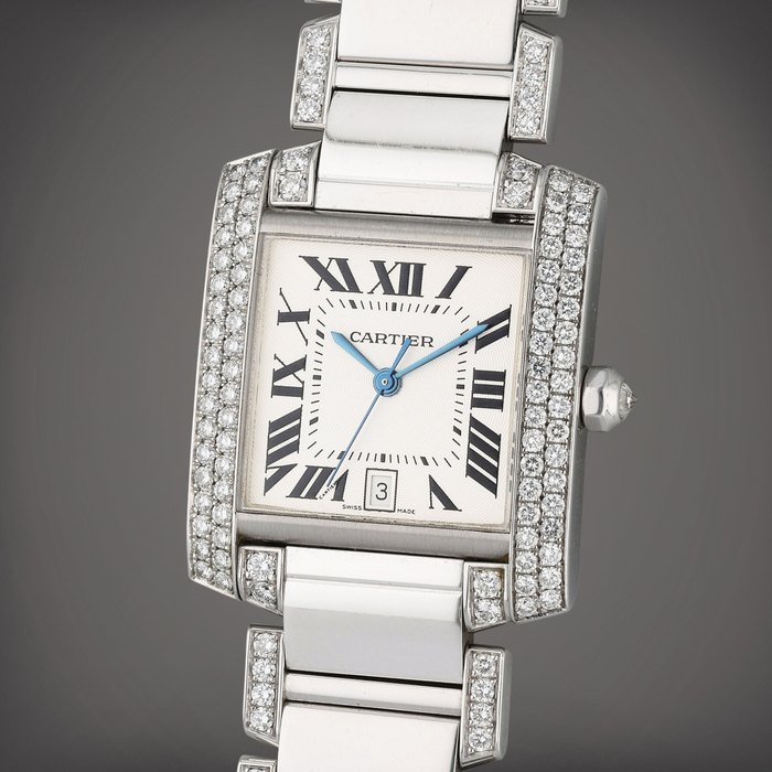 Cartier Reference 2366 Tank Française | A white gold and diamond-set automatic wristwatch with bracelet and date, Circa 2005