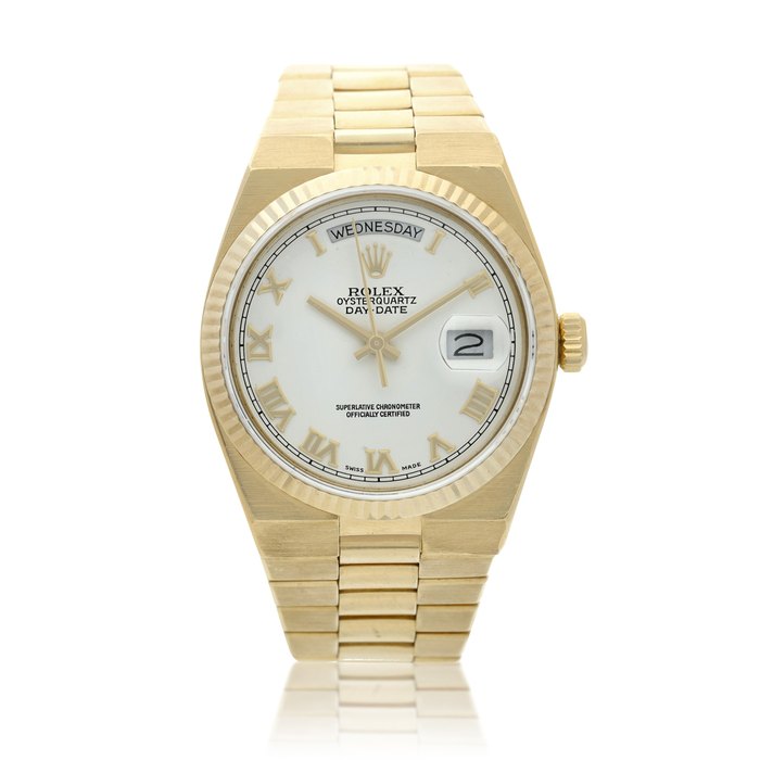 Rolex Reference 19018 Oysterquartz Day-Date  A yellow gold wristwatch with day, date and bracelet, Circa 1980