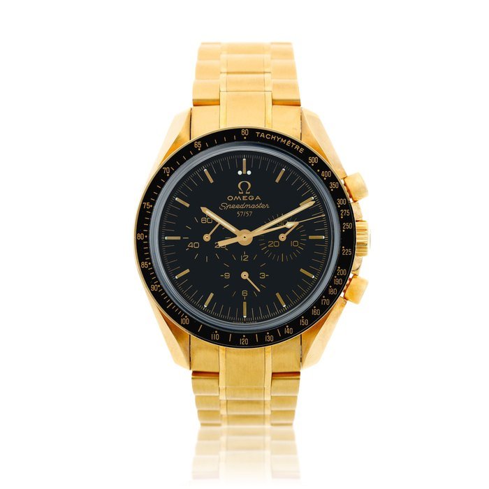 Omega Reference 311.63.42.50.01.002 Speedmaster 50th Anniversary A limited edition yellow gold chronograph wristwatch with bracelet, Circa 2007