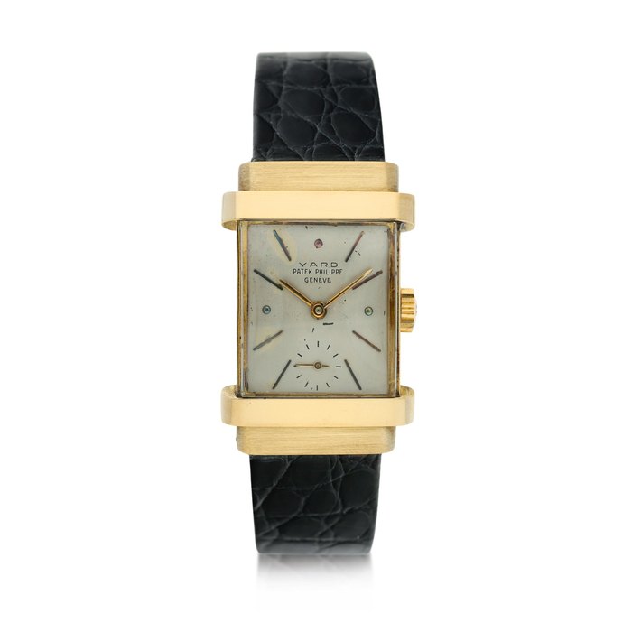 Patek Philippe Reference 1450 'Top Hat' Retailed By Raymond Yard: A pink gold rectangular wristwatch, Made in 1948