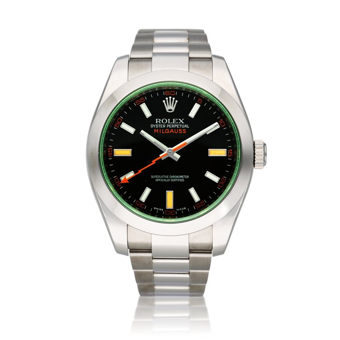 Rolex Reference 116400GV Milgauss | A stainless steel automatic antimagnetic wristwatch with green sapphire crystal and bracelet, Circa 2008