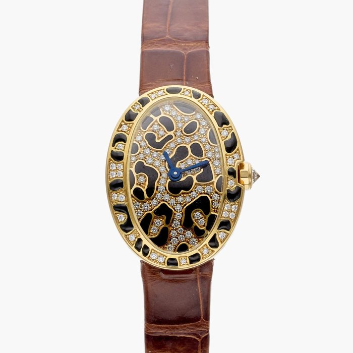Cartier Reference 3864 Mini Baignoire 'Panther Spots' | A yellow gold, enamel, and diamond-set wristwatch, Circa 2005