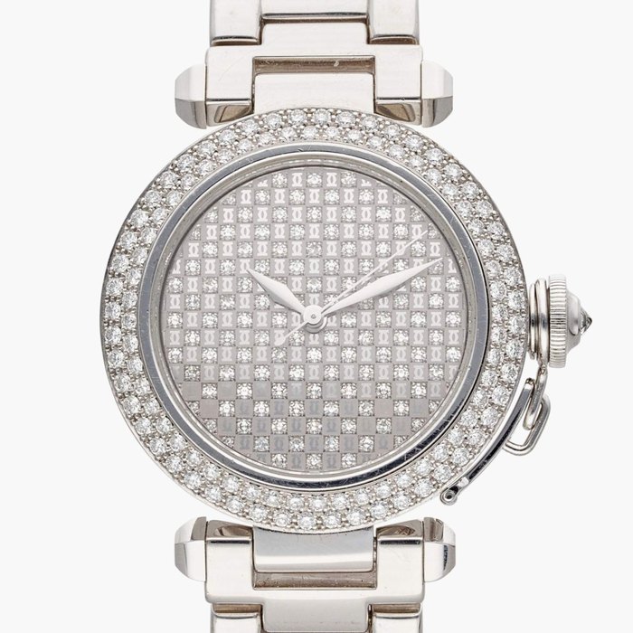 Cartier Reference 2308 Pasha | A white gold and diamond-set automatic wristwatch with date and bracelet, Circa 2000