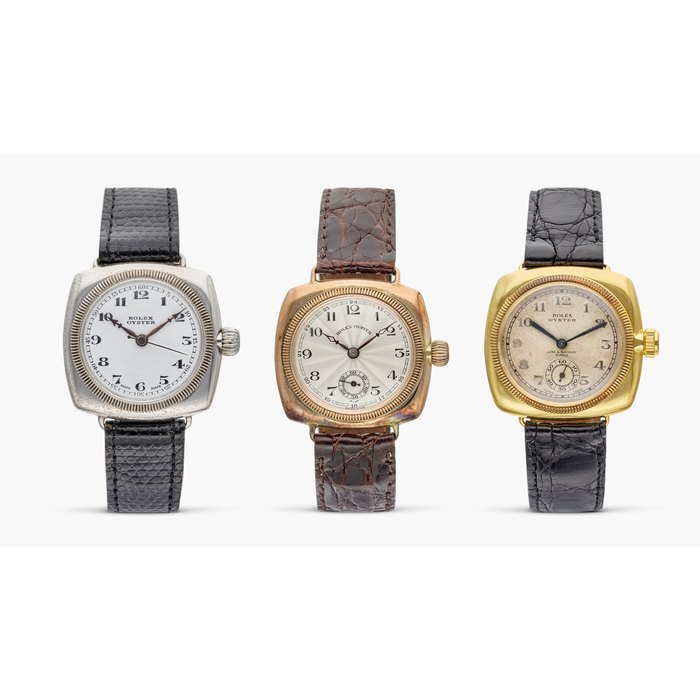 Rolex Oyster 'Military' | A set of three Rolex cushion case mechanical wristwatches with military wire lugs, Circa 1925's