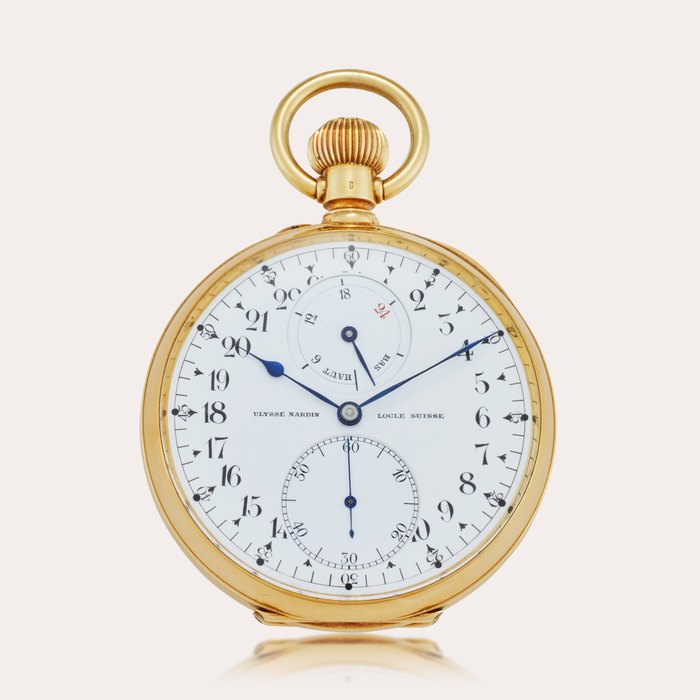 Ulysse Nardin An important, rare and heavy yellow gold open-faced keyless pocket chronometer, awarded 1st prize in the Neuchâtel timing contest with 24-hour dial, up-and-down indication, No. 12284, Circa 1906