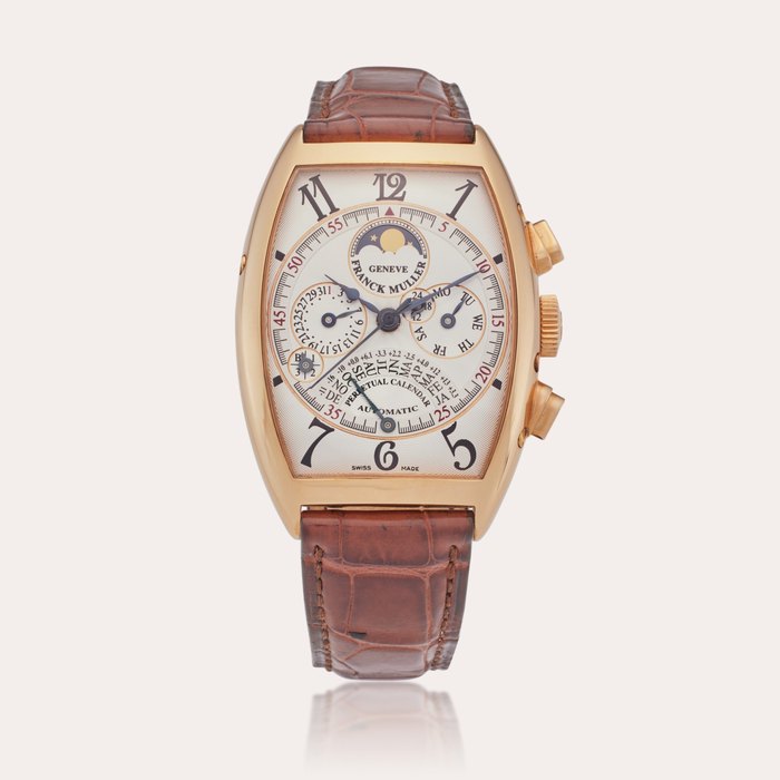 Franck Muller Reference 6850 QPE Cintrée Curvex Perpetual | A pink gold automatic perpetual calendar chronograph wristwatch with moon phases, retrograde month, leap year and day/night indication, Circa 2002