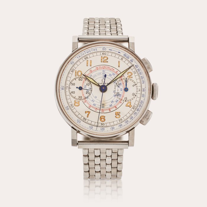 Omega Reference CK 2393 | A stainless steel chronograph wristwatch with two-tone dial and bracelet, Circa 1940