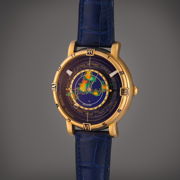 Ulysse Nardin Reference 871-99 Tellurium Johannes Kepler | A yellow gold automatic astronomical perpetual calendar dual time zone wristwatch with cloisonné enamel dial, Circa 1995