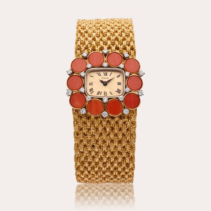 Piaget Reference 3656 N 38 | A yellow gold, diamond, and coral-set bracelet watch, Circa 1970