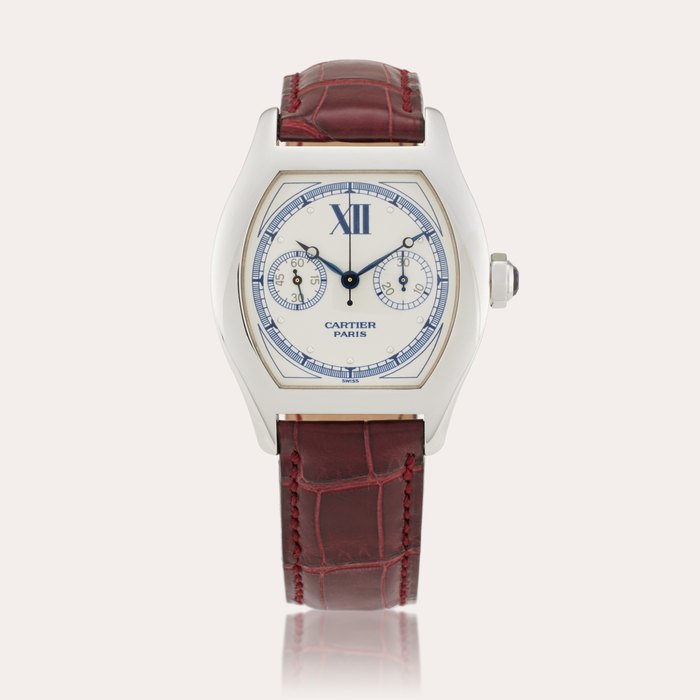 Cartier Reference 2396 Tortue Chronographe Monopoussoir | A white gold tonneau shaped single-button chronograph wristwatch, Circa 2000