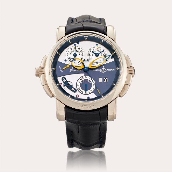 Ulysse Nardin Reference 670-88 Sonata | A white gold automatic dual time wristwatch with date, and alarm with countdown and on/off indications, Circa 2010