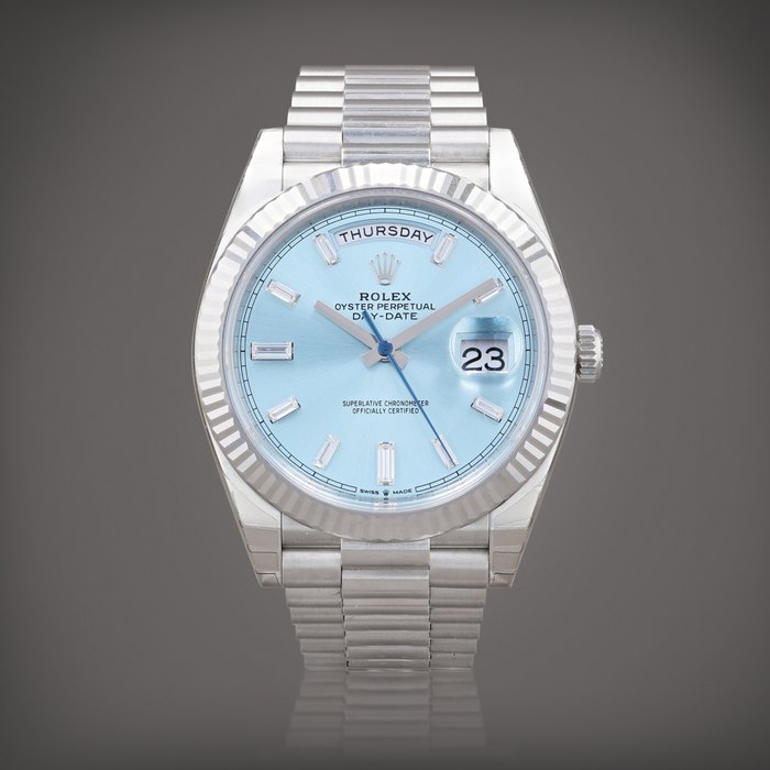 Rolex Day-Date, reference 228236     Montre bracelet en platine avec jour, date et index diamant |  Platinum wristwatch with day, date, diamond-set indexes and bracelet    Vers 2023 |  Circa 2023
