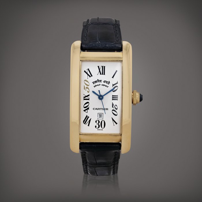 Cartier Tank, 50th Anniversary of India Independence limited edition, reference 1725     Montre bracelet en or jaune avec date |  Yellow gold wristwatch with date     Vers 1997 |  Circa 1997