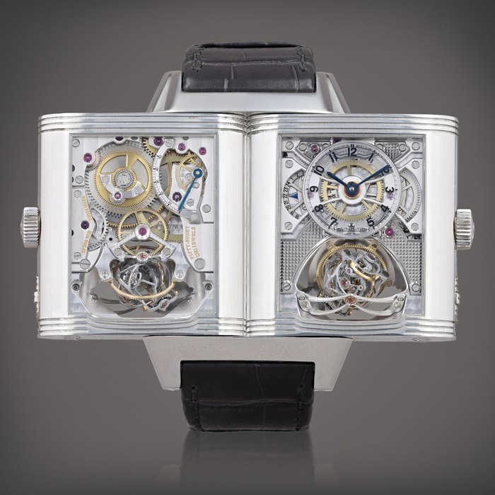Jaeger-LeCoultre Reverso Gyrotourbillon 2, reference 233.64.20    Montre bracelet reversible gyrotourbillon en platine avec date et indicateur de réserve de marche |  Platinum reversible gyrotourbillon wristwatch with date and power reserve indication    Vers 2010 |  Circa 2010