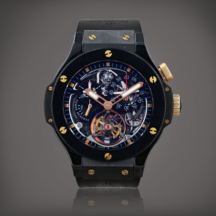 Hublot Bigger Bang N°0/5, reference 308.CM.130.RXHGS07    Montre bracelet chronographe mono-poussoir tourbillon en acier céramique avec indication de réserve de marche |  Stainless steel and ceramic mono-pusher chronograph tourbillon wristwatch with power reserve indication    Vers 2009 |  Circa 2009