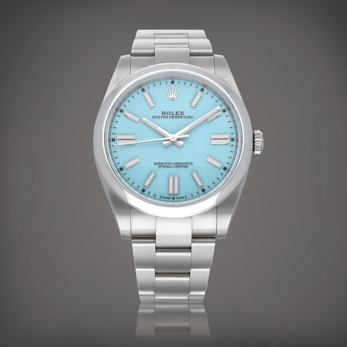 Rolex Oyster Perpetual 'Tiffany Blue', Reference 126000 | A stainless steel wristwatch with turquoise blue lacquer dial and bracelet | Circa 2021