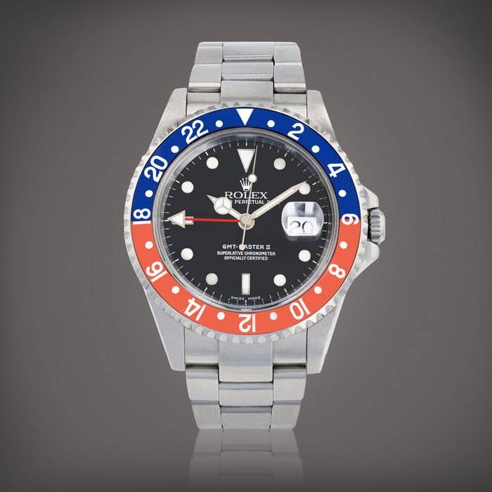 Rolex GMT-Master II 'Pepsi', reference 16710 Montre bracelet à double fuseau horaire en acier avec date | Stainless steel dual time zone wristwatch with date and bracelet Vers 2001 | Circa 2001