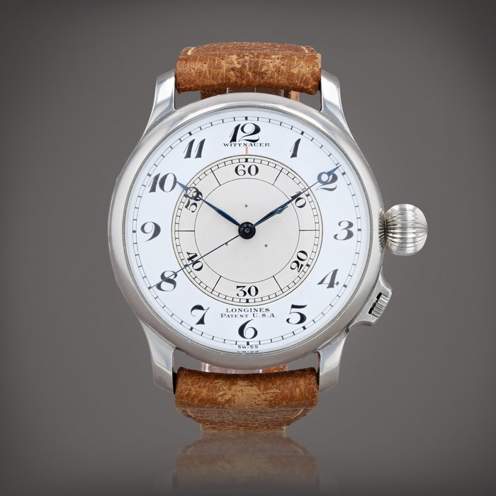 Longines Weems, reference 4356     Montre bracelet oversize d'aviateur en acier avec seconde centrale |  Oversized stainless steel Aviator’s wristwatch with center seconds     Vers 1948 |  Circa 1948