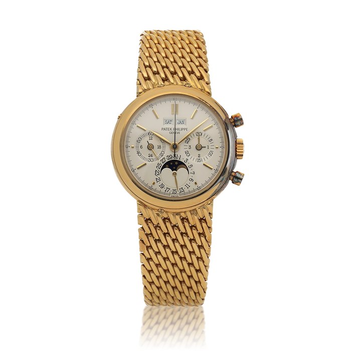 Patek Philippe Ref. 3970/002 Yellow gold perpetual calendar chronograph bracelet watch with moon phases, 24 hours and leap year indication Circa 1992