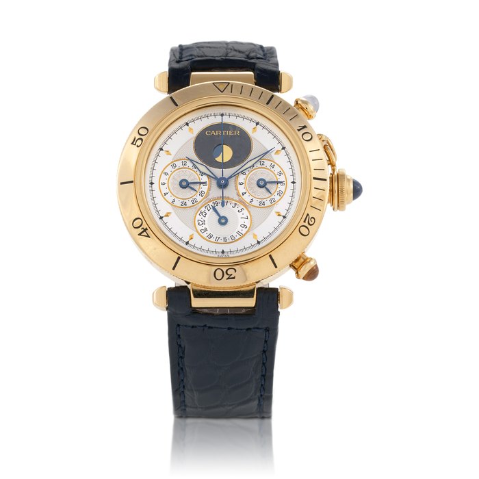 Cartier Pasha, Ref. 0925  Yellow gold triple time zone wristwatch with date and moon phases   Circa 2000