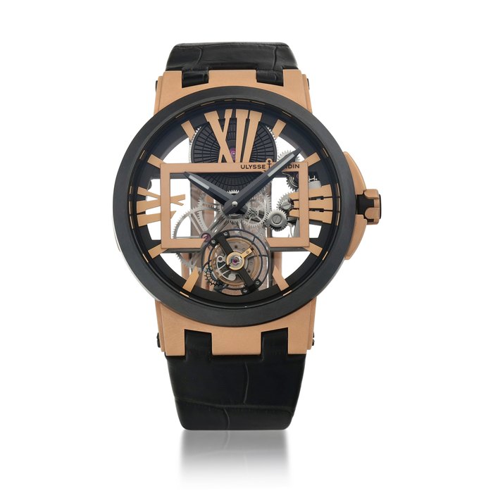 Ulysse Nardin Executive Skeleton Tourbillon, Ref. 1712-139  Pink gold and ceramic skeletonized tourbillon wristwatch  Circa 2018