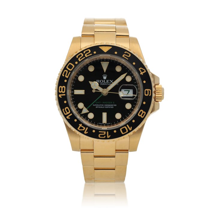 Rolex GMT-Master II, Ref. 116718LN  Yellow gold dual time zone wristwatch with date and bracelet  Circa 2007