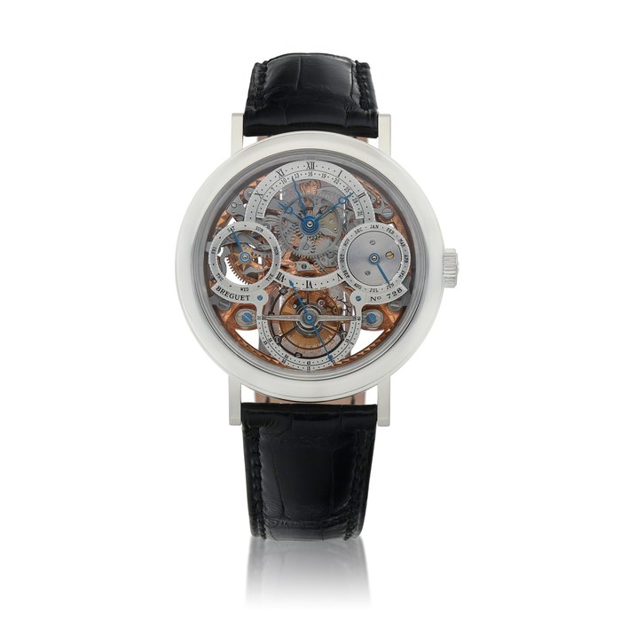 Breguet Ref. 3755PR1E9V6  Platinum skeletonized tourbillon perpetual calendar wristwatch with retrograde date and leap-year indication  Circa 2008