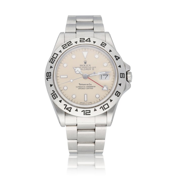 Rolex Retailed by Tiffany & Co.:   'Rail Dial' Explorer II, Ref. 16550   Stainless steel wristwatch with 24-hour indication, date and bracelet  Circa 1987