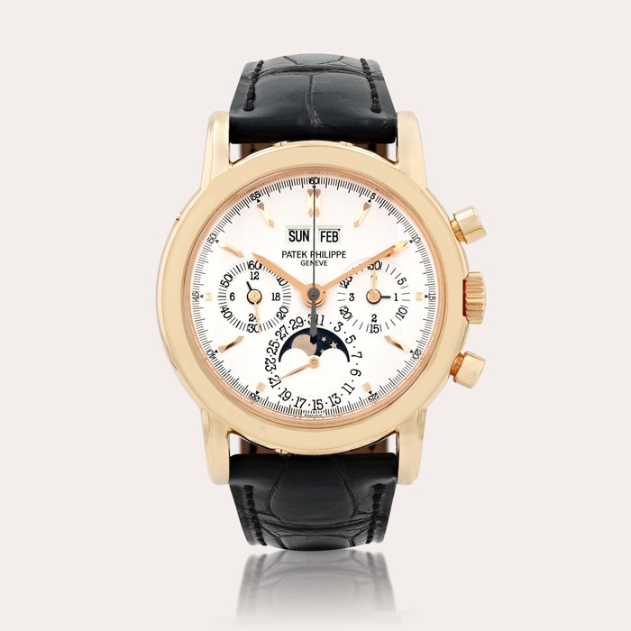 Patek Philippe Reference 3970ER-012    Montre bracelet chronographe en or rose avec quantième perpétuel, année bissextile et phases de lune |  Pink gold chronograph wristwatch with perpetual calendar, leap year and moon phases    Vers 2003 |  Circa 2003