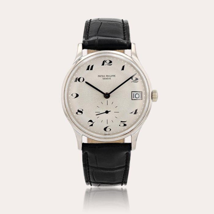 Patek Philippe Calatrava 'Small Mono-date automatic waterproof', reference 3514G    Montre bracelet en or blanc avec date et chiffres Breguet |  White gold wristwatch with date and Breguet numerals   Vers 1967 |  Circa 1967