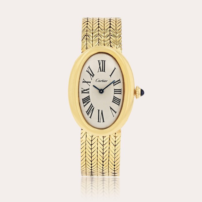 Cartier, London Baignoire    Montre bracelet en or jaune, offerte à Joseph Losey par sa proche amie Elizabeth Taylor et accompagnée d’une boîte à cigares non signée, offerte par son ami le célèbre acteur français Alain Delon |  Yellow gold wristwatch with bracelet gifted to Joseph Losey by his close friend Elizabeth Taylor and accompanied by an unsigned cigar box gifted by another friend the famous French actor Alain Delon    Vers 1967 |  Circa 1967